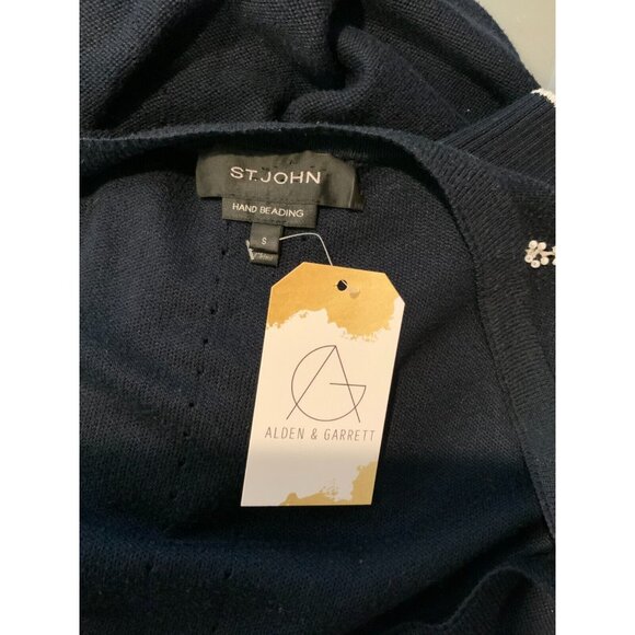 St. John Navy Blue Wool Long Cardigan w/ Hand Beaded Accent, Size Small - Picture 8 of 8